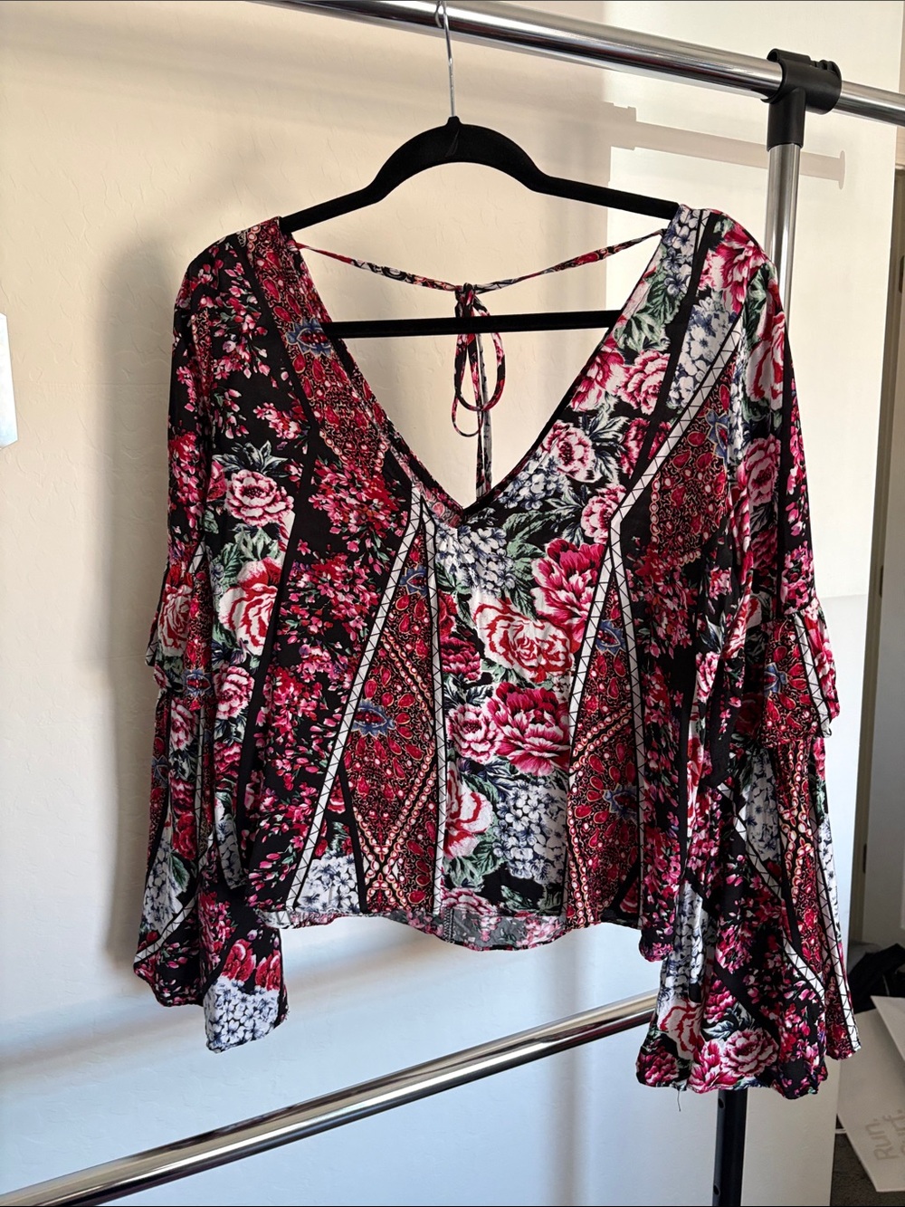 Jax Black Multi Floral V-Neck Tie-Back Bell Sleeve Blouse